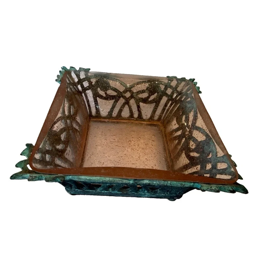 1987 Terragrafics Art Nouveau Verdigris Footed Bowl w Pink Seeded Glass Insert